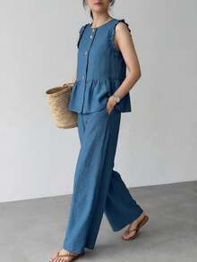 SHEIN LUNE 女士休闲度假通勤纯色荷叶边下摆无袖上衣和长裤两件套，春夏款 - 藍色 - 查看 4