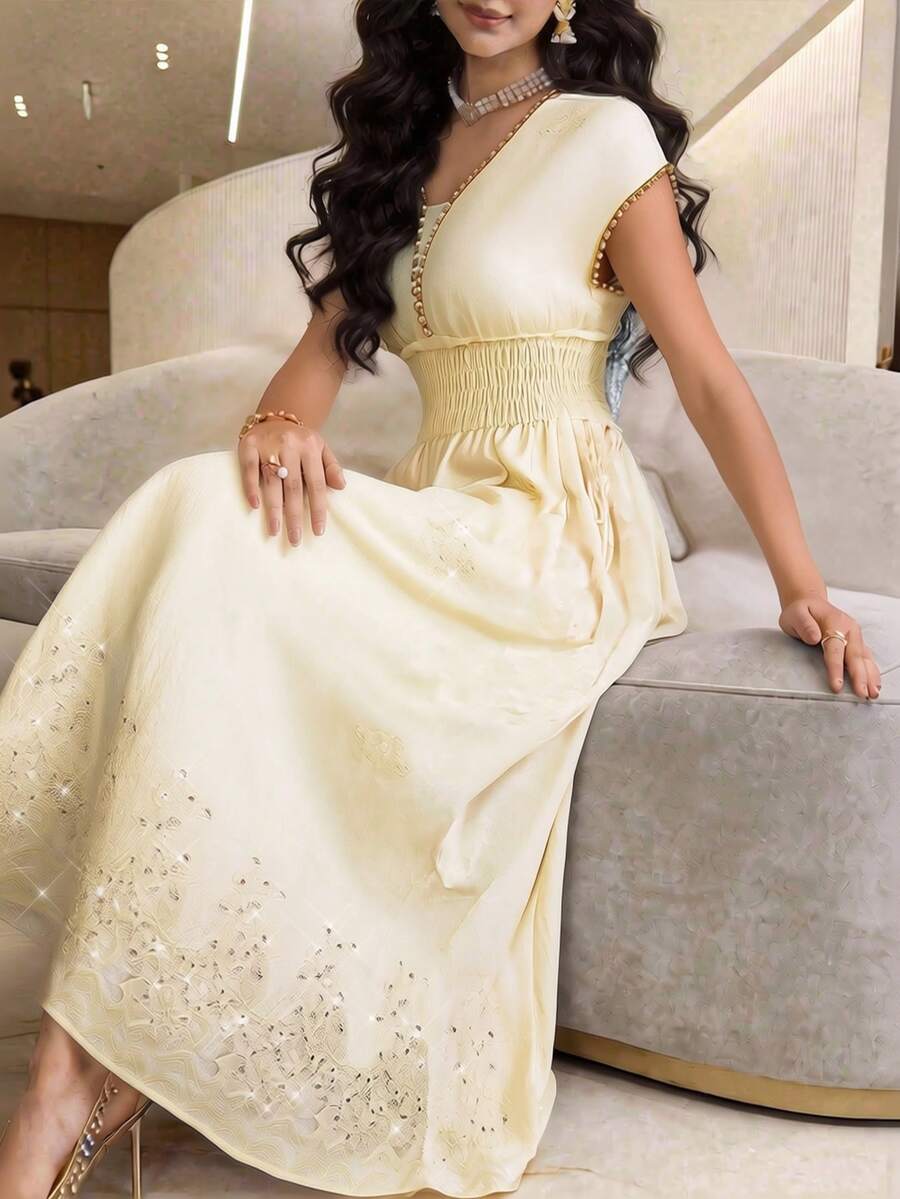 Al Najma Đầm ngắn tay kiểu Ả Rập màu trơn đính sequin dành cho nữ - Màu vàng - Xem 1