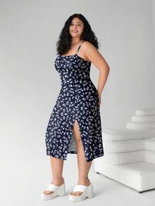 Solflare 大码夏季休闲碎花开衩吊带连衣裙 - 藏蓝色 - 查看 5