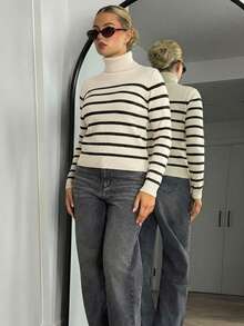 Bethéva New Autumn/Winter High Neck Slim Fit Striped Patchwork Thermal Lined Pullover Sweater For Women - Apricot - View 5