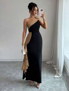 Elenzga 女式新款斜肩撞色 3D 花卉荷叶边腰部美人鱼下摆优雅长裙 - 黑色 - 查看 4