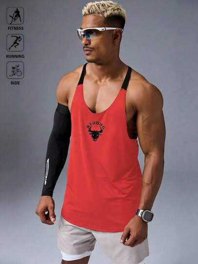Manfinity Acti Log Camiseta de tirantes deportiva de hombre con estampado de toro y color contrastante