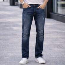 Pantalón de Hombre Corte Recto con Bordado Decorativo en Bolsas Traseras, Pretina Estructurada y Diseño Casual Contemporáneo - Azul - Ver 1