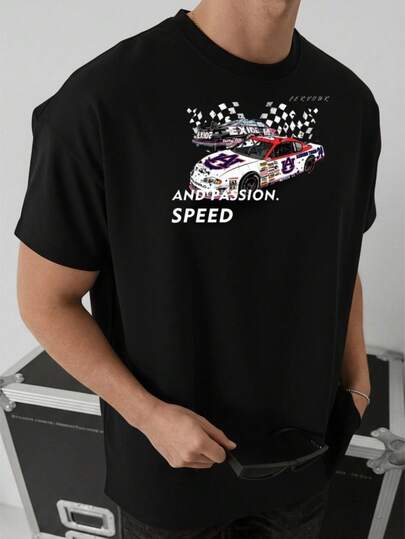 Camiseta de manga corta de gran tamaño para hombre con gráfico de coche de carreras y bandera a cuadros, camiseta de estilo callejero informal para entusiastas de automóviles