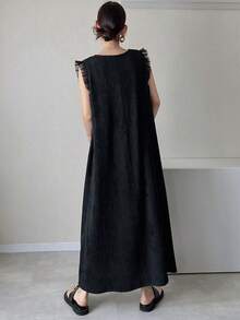 FRIFUL Women's Mesh Patchwork Mid-Length Dress Sundress - Black - View 5