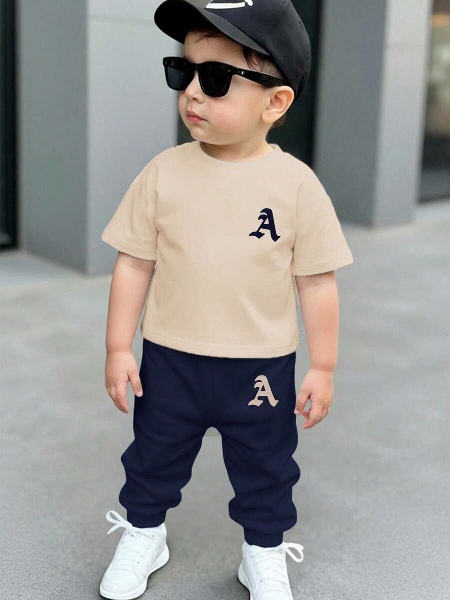 Bubblio 男婴休闲简约圆领短袖裤套装，经典酷炫时尚简约字母A印花 - 彩色 - 查看 1