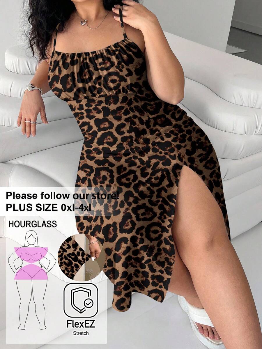 SHEIN EZwear 大码女式豹纹吊带长裙,沙滩装,春季穿搭,假日派对长裙,夏威夷风情连衣裙,女士休闲装,露背花卉开衩下摆休闲长裙 - 彩色 - 查看 1