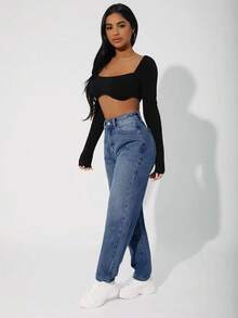 SHEIN PETITE Quần Jeans Mom Fit Cạp Cao Có Khóa Kéo, Quần Jeans Thường Ngày Cho Nữ, Túi, Khóa Kéo, Quần Jeans Ống Thẳng Cạp Cao Dài Màu Đen, Quần Jeans Mom Fit Cỡ Thường, Quần Jeans Nữ, Mùa Xuân/Thu, Trang Phục Thường Ngày Hàng Ngày - Rửa tối - Xem 4