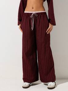 SHEIN ICON Women's Tie Waist Striped Wide Leg Loose Casual Pants - Multicolor - View 4