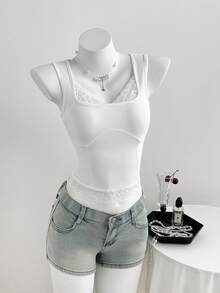 Elamini Women's Spring/Summer Square Neck Ruffle Patchwork Casual Minimalist Camisole - White - View 1