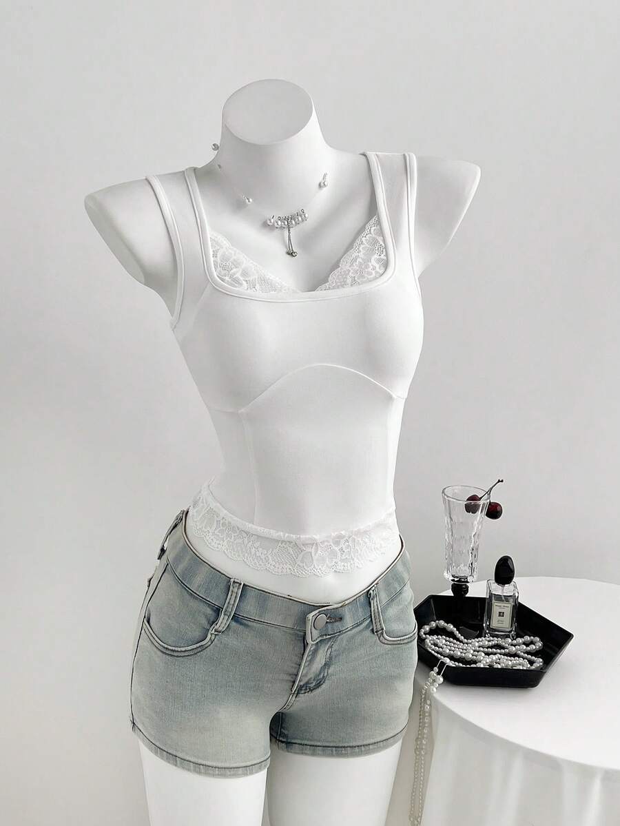 Elamini Women's Spring/Summer Square Neck Ruffle Patchwork Casual Minimalist Camisole - White - View 1