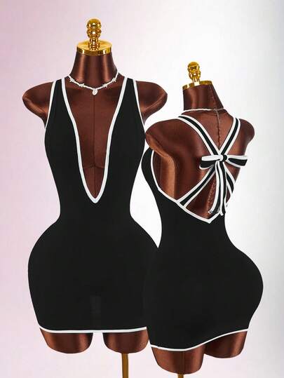 Amplova Women's Contrast Trim Open Back Tie Neck Sleeveless Mini Dress Summer Holiday Outfits Spring Break Outfits Valentine Outfits For Women Party Wedding Guest Dress For Women Graduation Ceremony Elegant Beach Vacation Outfits For Women Casual Outfit For Women Formal