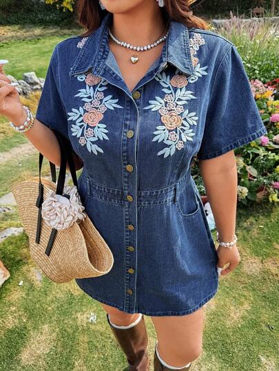 Breezaya Plus Size Women Floral Embroidery Single-Breasted Fashionable Date Casual Denim Dress
