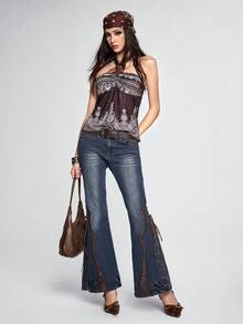 ROMWE Fairycore Áo tank top cổ yếm nữ kiểu Bohemian cổ điển họa tiết Paisley hoa điều - màu nâu - Xem 6