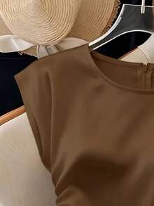 Franclia Blusa elegante de mujer con cuello redondo, cintura ceñida, plisada, de manga corta, versátil, de color melocotón claro sólido - Marrón - Ver 3