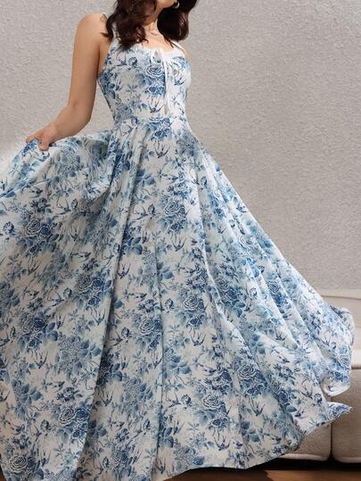 Rafferiza Women's Summer French Casual Beach Vacation Spaghetti Strap Bandeau Bow Tie Decor Backless Cinched Waist Long Flowy Blue Floral Print Casual Maxi Dress