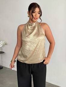 Firerie Women's Casual And Elegant Commuting Gold Satin Halter-Back Turtleneck Top/New Year Look/Sexy Top/Sparkly Top/Party Top/Old Money Style Top/Gold Top - Gold - View 4