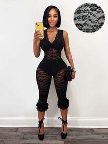BamGleam Women's Sexy Sheer Lace Deep V-Neck Jumpsuit , Summer , Summer Pants , Summer Pants For Women  , Summer Outfits, Summer Dresses  , Summer Tops  , Summer Clothe, Summer Outfits For Women , Summer Top , Summer Outfit For Women - Black - View 6