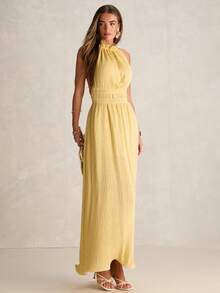 Enchnt Vestido feminino elegante de cor sólida, sem costas e com decote halter, ideal para o verão. - Amarelo - Ver 5