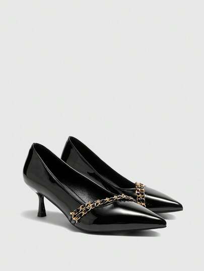 CUCCOO BIZCHIC Tacones de aguja de mujer con decoración de cadena, elegantes y románticos de piel sintética (PU), nuevos lanzamientos para primavera/verano