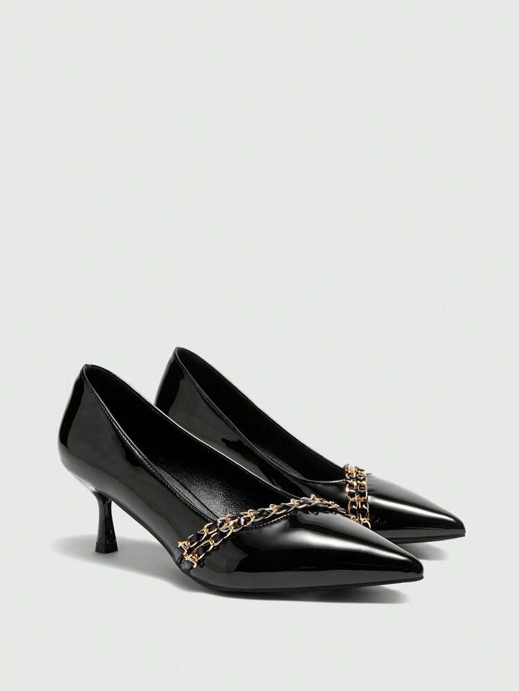 CUCCOO BIZCHIC Women's Pointed Toe Chain Decor Romantic Elegant PU Leather Stilettos, Spring/Summer New Arrival