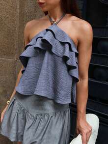 Siren Gaze 女士性感露背系带层叠荷叶边沙滩度假吊带上衣 - 灰色 - 查看 8