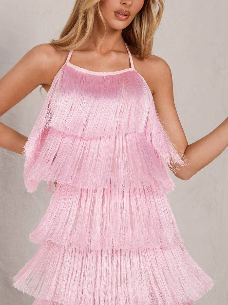 Glamine Vestido mini con flecos, escote halter y espalda descubierta para mujer, ideal para fiestas - Rosa Pálido - Ver 1