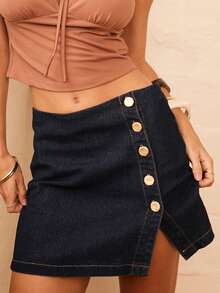 Aralina Minifalda de mezclilla con botones laterales para mujer, estilo veraniego, ideal para el Día de San Valentín, vacaciones y estilo Y2K de Estocolmo - Azul lavado oscuro - Ver 1