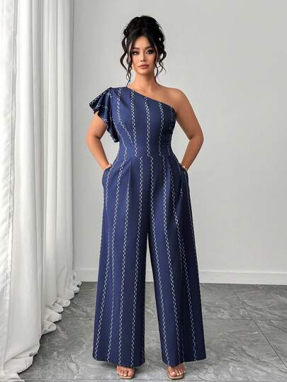 Elenzga Salopetă de vară pentru femei, mărime mare, bleumarin, cu dungi verticale, asimetrice, cu volane, potrivită pentru locul de muncă, ocazii sociale de lux, întâlniri semi-formale, excursii scurte, vacanțe