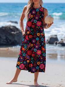 Sylviya 女士休闲彩色碎花中长连衣裙，适合春夏度假，波西米亚风服装，女士夏季时尚连衣裙，休闲款 - 彩色 - 查看 4