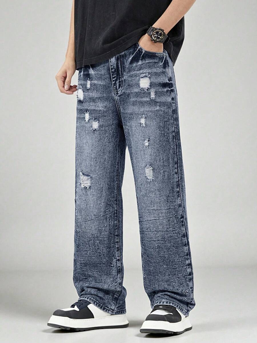 Quần jeans ống đứng màu xanh nhạt bạc màu, phong cách tối giản, cổ điển, dành cho thanh thiếu niên (nam). - Màu xanh lam - Xem 1