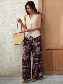 EMERY ROSE 女士纯色V领单排扣上衣和阔腿裤休闲日常两件套 - 彩色 - 查看 4