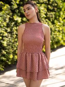 Andrea Bello 蓝色格纹无袖修身系带迷你连衣裙，甜美法式夏日度假风 - 彩色 - 查看 5