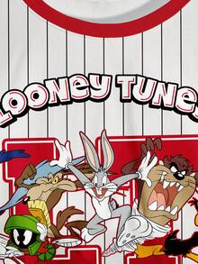 LOONEY TUNES X SHEIN Women's Striped Short Sleeve Cropped T-Shirt, - White - View 3