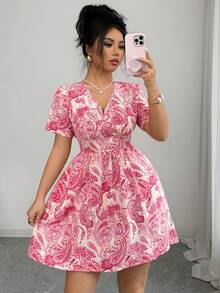 Elenzga Women's Elegant Casual Print V-Neck Ruffle Sleeve Waist Tie A-Line Short Dress, Spring/Summer - Hot Pink - View 3