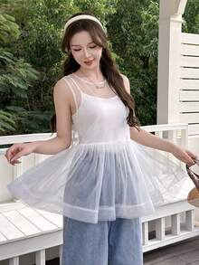 K-Vae Women's Sleeveless Casual Sweet Outdoor Vacation Beach Holiday Outfit Sheer Mesh Tank Top, Spring/Summer - White - View 5