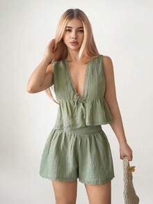 Sweetina 2026新款女士夏季休闲纯色背心短裤两件套 女士夏季套装 女士夏季两件套家居服 女士夏季睡衣套装 女士沙滩装两件套 - 綠色 - 查看 4