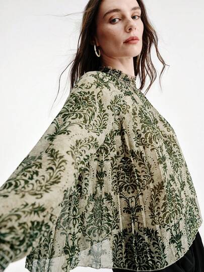 Aveloria Modichic Blusa de mujer de manga larga con estampado botánico vintage en verde oliva 2026, cuello alto pequeño con volantes, plisado en todo el diseño, elegante para ir al trabajo, casual, vacaciones, estilo bohemio, cottagecore, versátil