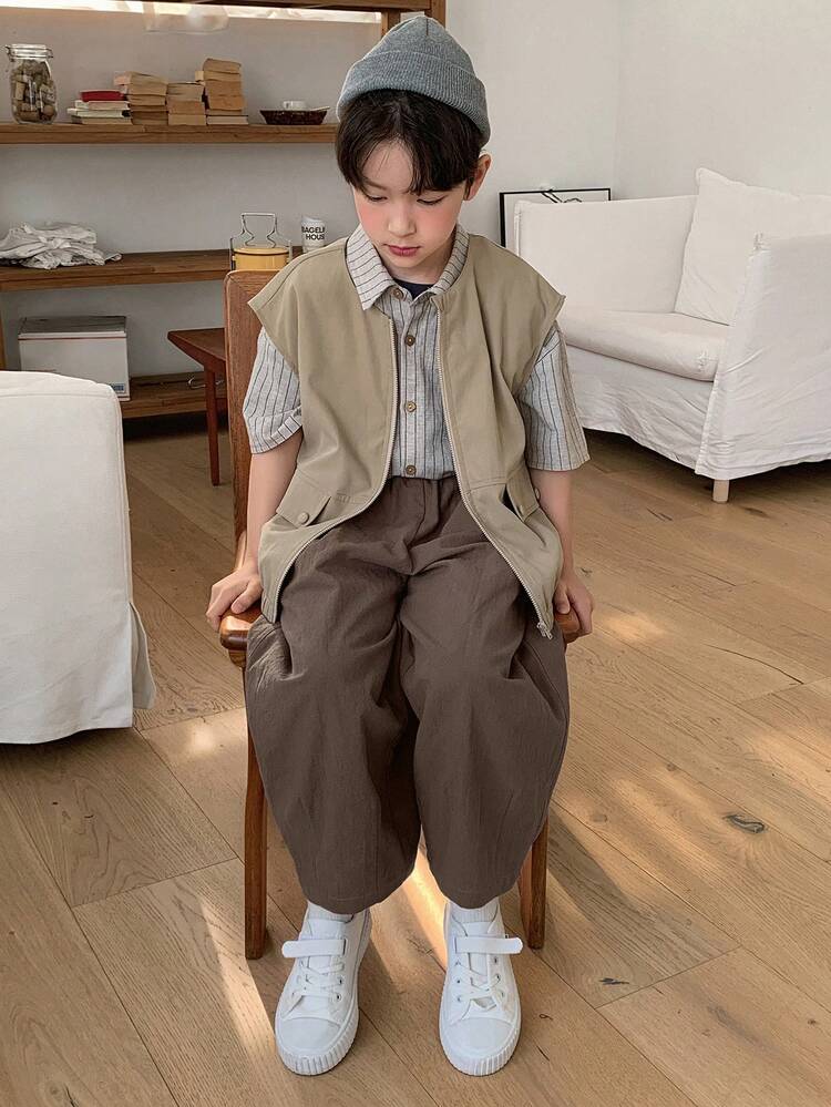 Tween Boy Solid Color Elastic Waist Pockets Loose Tapered Casual Pants