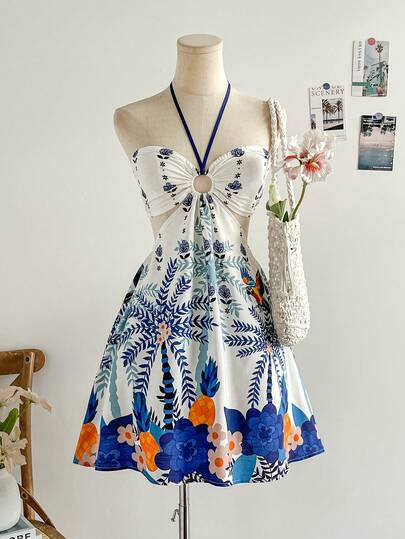 Soleia Đầm nữ kiểu dáng lãng mạn, thoải mái, in hoa màu xanh trắng, cổ dây rút, eo khoét hở, thích hợp cho kỳ nghỉ.