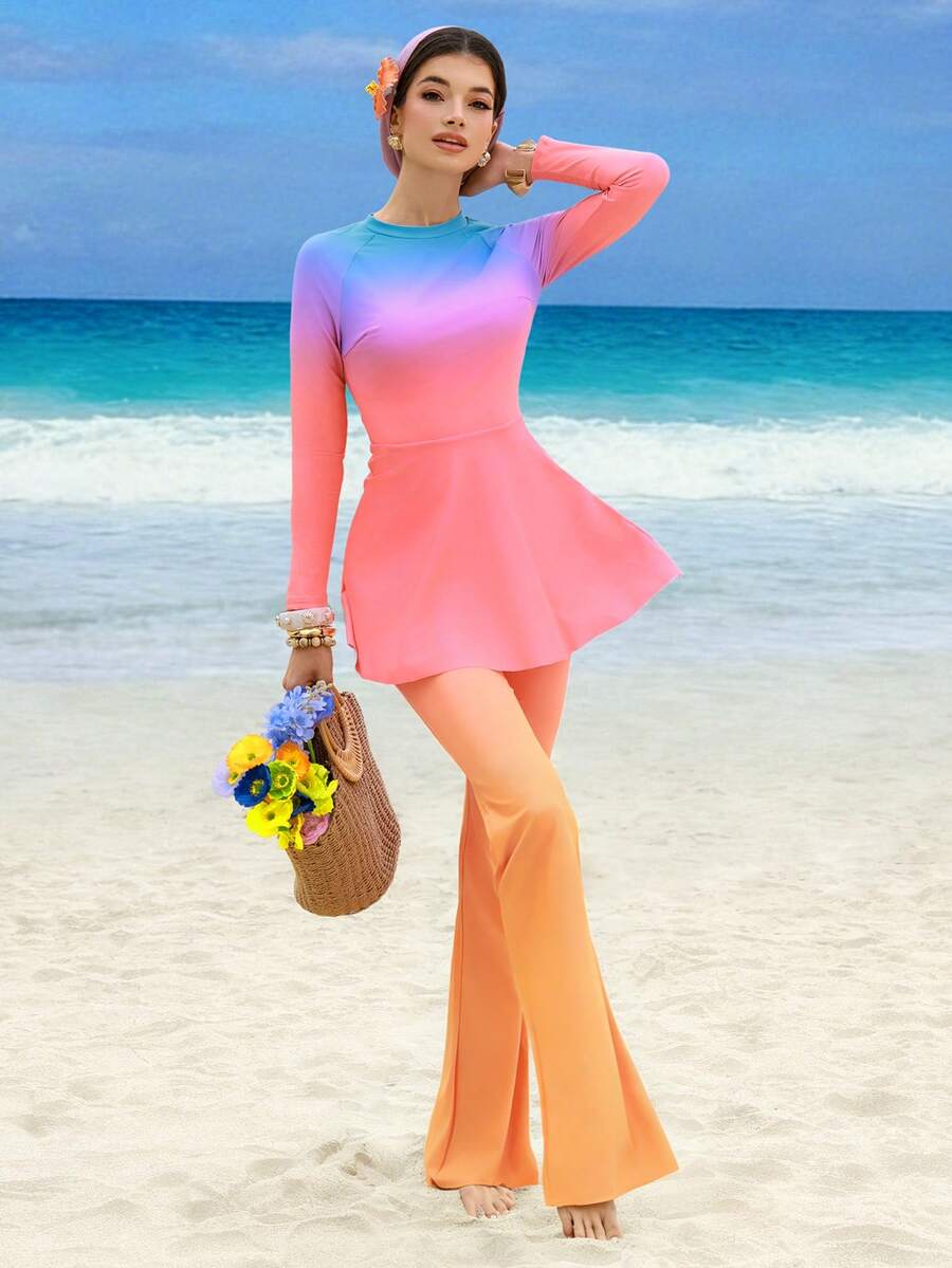 Swim Shayni New Summer Women Crew Neck Long Sleeve Waist Cinched Dress & Wide Leg Pants Ombre Print Casual Vacation Burkini Set - Multicolor - View 1