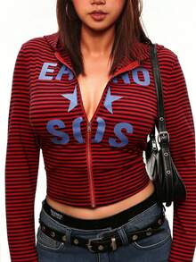 INAWLY Plus Size Women Striped Letter Print Zip-Up Casual Versatile Daily Wear Long Sleeve Sweatshirt - Red - View 3