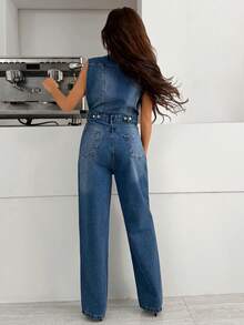 EURMUSE Women's Summer Casual Washed Button Half-Placket Sleeveless Denim Jumpsuit - Medium Wash - View 7