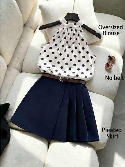 Franclia 女士优雅复古休闲通勤波点吊带上衣+藏蓝色百褶裙套装，复古休闲宽松显瘦通勤约会两件套，百搭