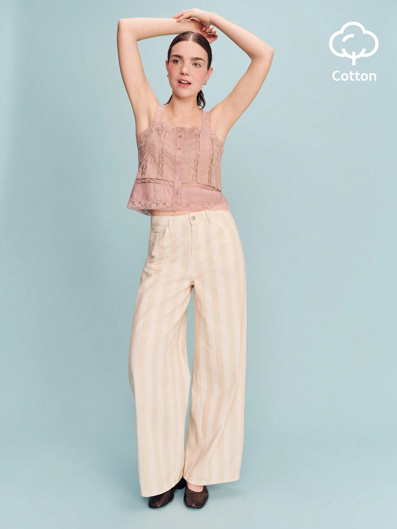 Beige gestreifte Jeans mit hoher Taille und weitem Bein für Frühling und Sommer