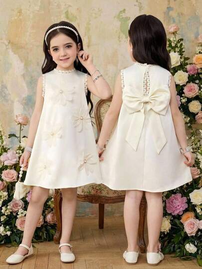 Young Girl Elegant Vacation Round Neck Lace Trim Splice 3D Floral Decor Big Bow Backless Fitted A-Line Sleeveless Dress, Apricot Girls Sleeveless Dress Ivory Dress Girls Kids Casual Aline Dresses Kids Jacquard Dresses Cream Dresses For Girls
