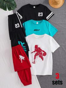 SHEIN 6 pièces Achetez-en 3 obtenez-en 3 gratuitement Ensemble de survêtement pour garçons préadolescents, style mode sport minimaliste, t-shirt à col rond ample à manches courtes et pantalon. Convient pour le printemps, l'été, l'automne, les sorties, la Saint-Valentin, les rendez-vous, les voyages, les vacances, les rassemblements familiaux, la rentrée scolaire, les mariages, les galas, les sports - Multicolore - Voir 4