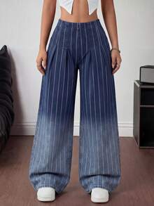 SHEIN ICON 女士条纹口袋休闲百搭日常阔腿牛仔裤 - 深色水洗藍 - 查看 4