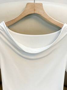 Franclia Women's Elegant Bodysuit White Draped Neckline Long Sleeves Glossy Fabric Suitable For Commuting Dates And Everyday Wear Women's White Bodysuit Beach Bodysuit Women's Holiday Bodysuit Women's Elegant Bodysuits - White - View 4