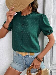 SHEIN LUNE Women's Casual Cutout Petal Sleeve Collared Blouse For Summer - Dark Green - View 3